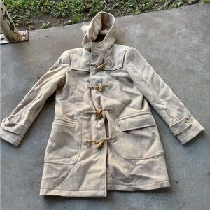 Women's Large Beige/Tan Toggle Wool Coat Autumn Ready **flaw